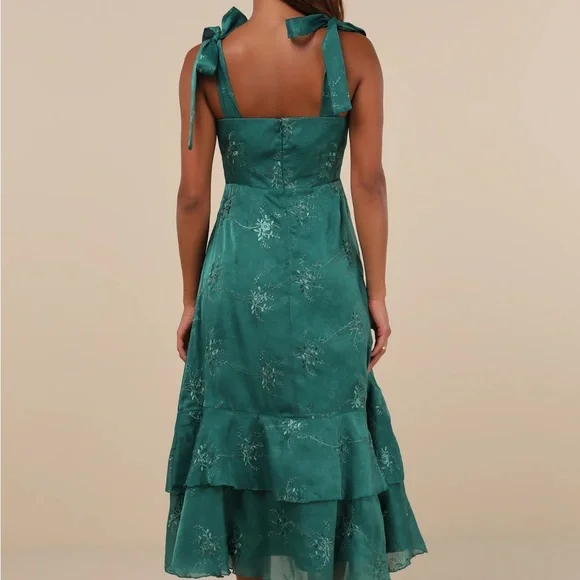NWT ($79.00) Lulus Elegant Green Embroidered Ruffled Tie-Strap Midi Dress - Picture 3 of 8